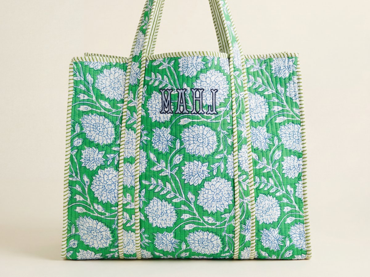 Green quilted mahjong tote